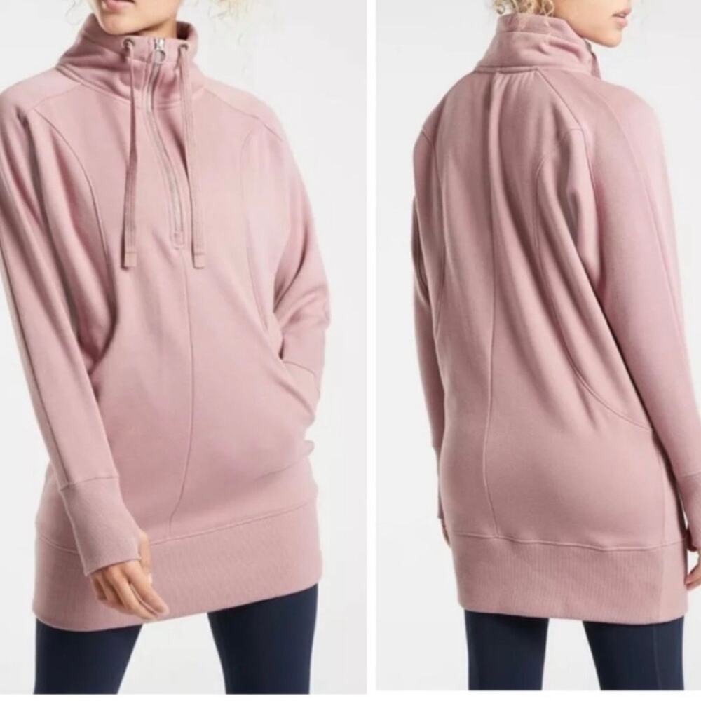 Athleta Tunic Sweatshirt Women's Size XS‎ Pink Quarter Zip Hooded Mini Dress
